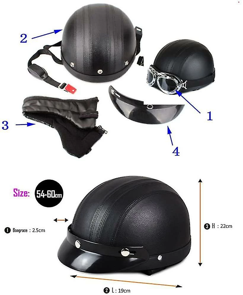 Harley Helmet Casque Harley Moto Demi-visage Casque En Cuir Avec Lunettes Anti-uv 54-60cm 4 Harley Helmet Casque Harley Moto Demi-visage Casque En Cuir Avec Lunettes Anti-uv 54-60cm – Image 2